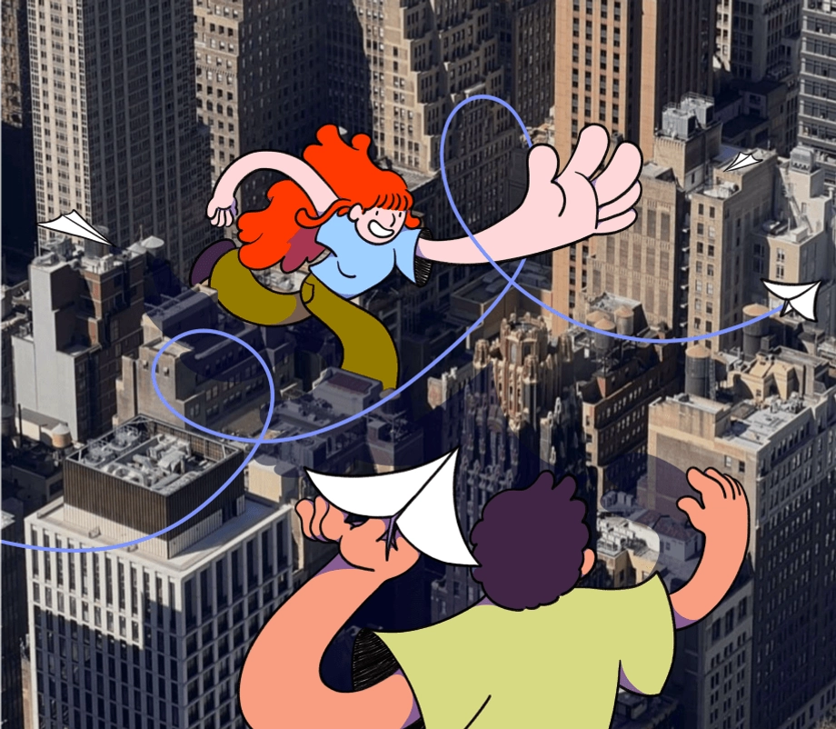 two characters throwing paper planes in a city